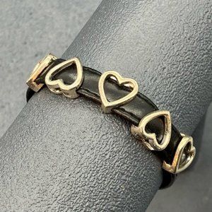 Silver Slider Heart Bracelet Black Leather Lobster Chain Retro BoHo Valentine